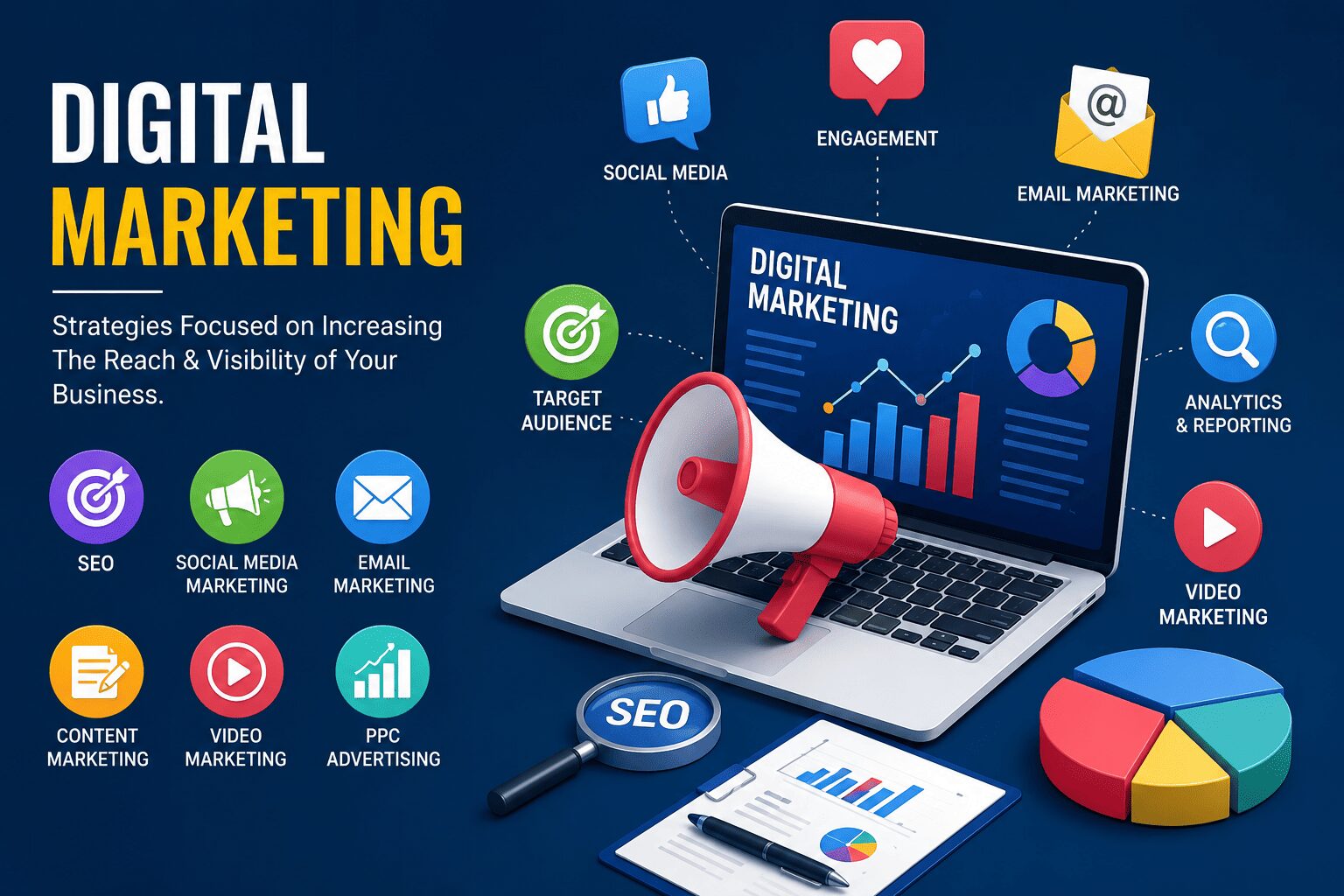 Digital Marketing Mistakes infographic showing SEO, social media marketing, email marketing, PPC advertising, content marketing, analytics and business growth strategies in 2026.