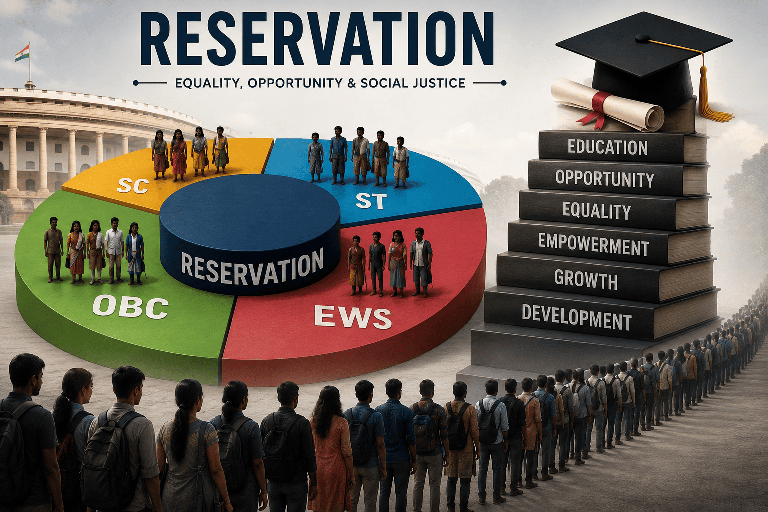 India reservation system debate showing education opportunities, social justice, merit, and category-based quotas in India.